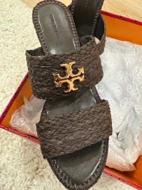 Tory Burch Brown Woven Raffia Wedge Sandals with Gold Logo